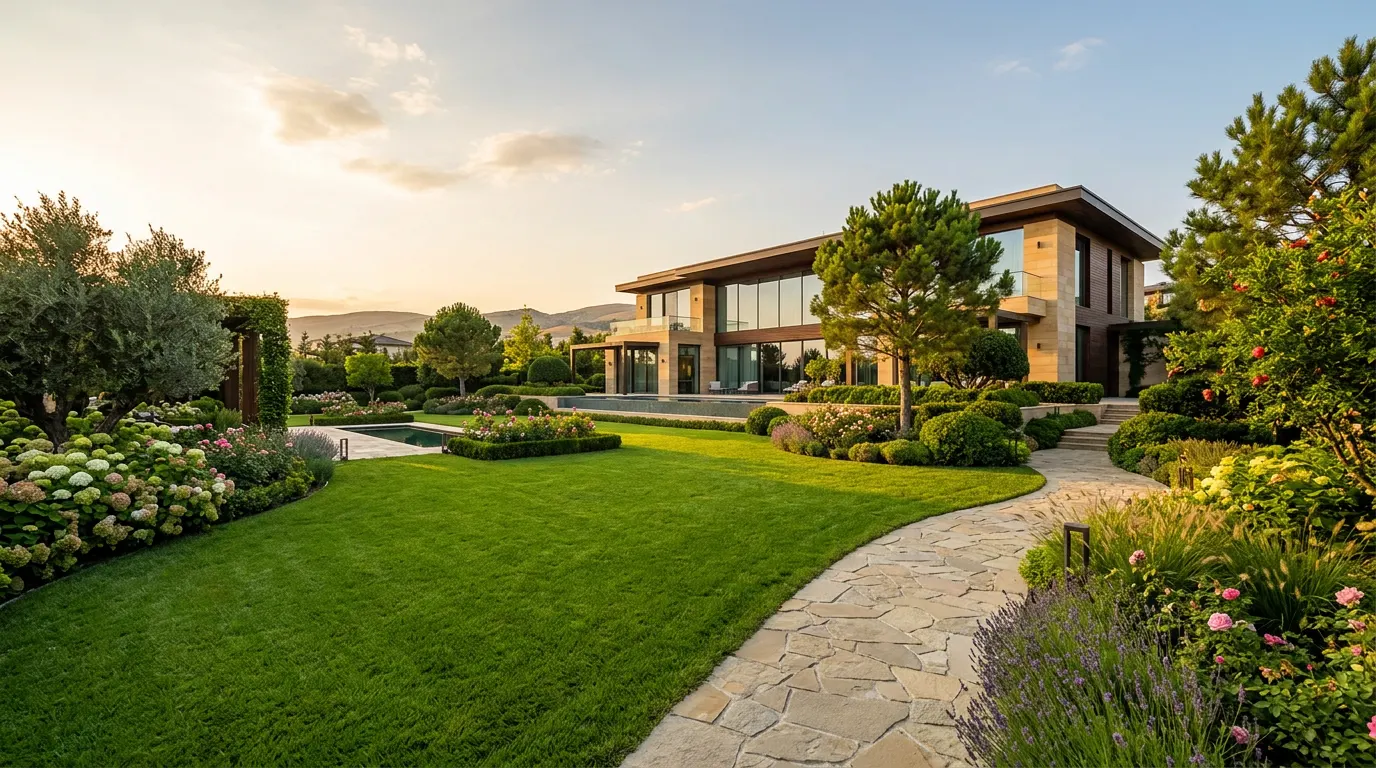 Garden Care — səliqəli qazon, dekorativ ağaclar və güllərlə yaşıllaşdırılmış villa bağı
